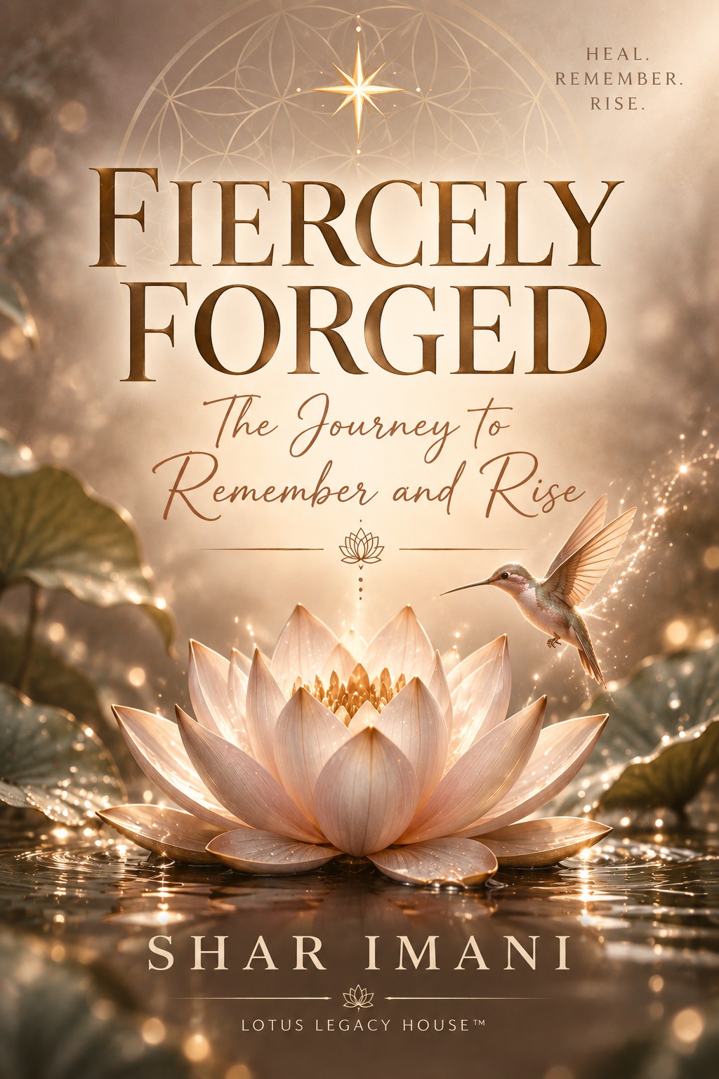 Fiercely Forged: The Journey to Remember and Rise — book cover by Shar Imani, featuring a glowing lotus and hummingbird