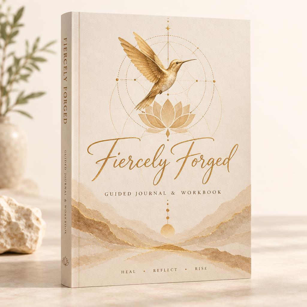 Fiercely Forged Guided Journal & Workbook with golden hummingbird and lotus cover