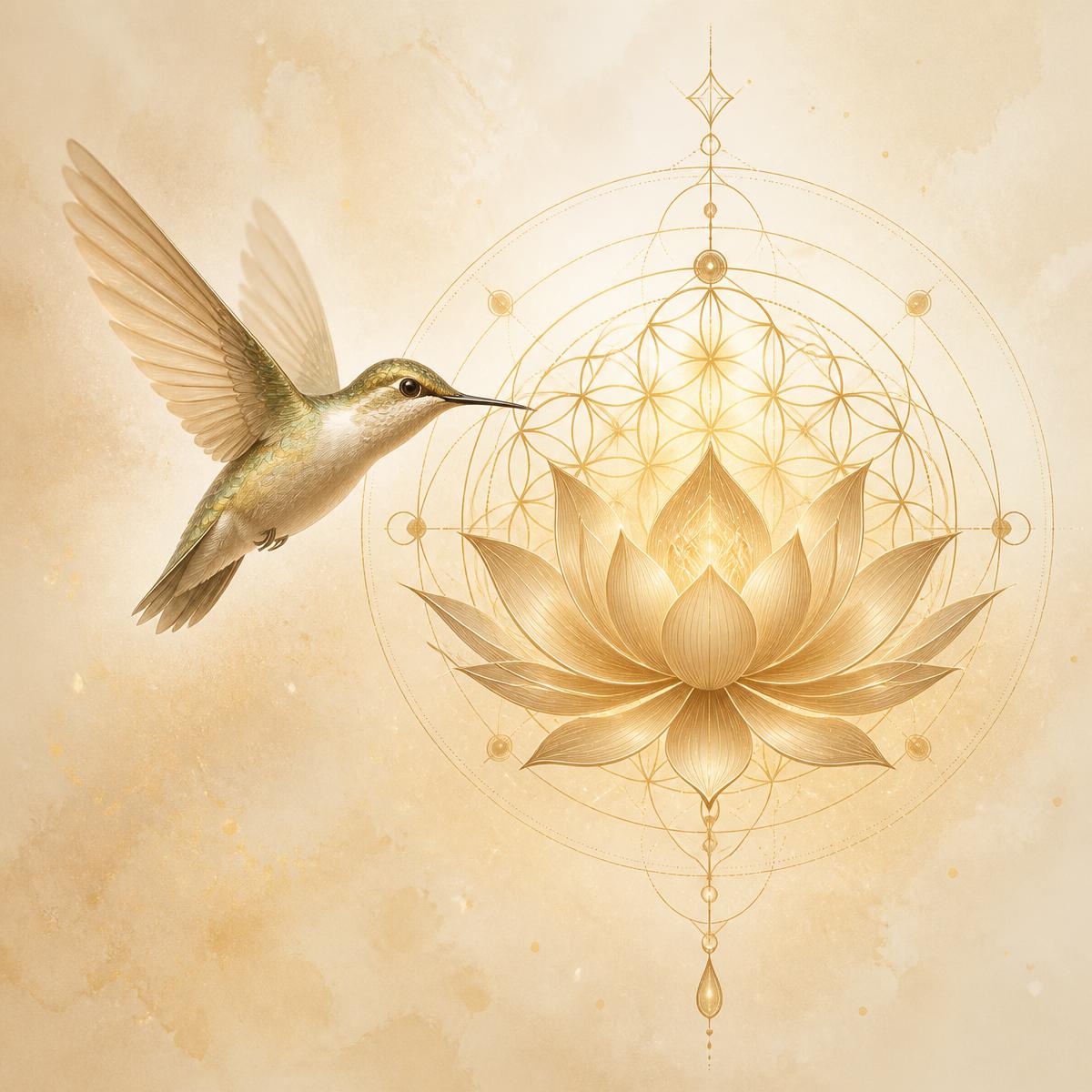 A hummingbird approaching a golden sacred lotus mandala